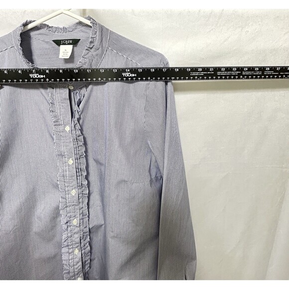 J. Crew Womens XL Blue Striped Ruffle Neck & Ruffle Center 100% Cotton Shirt - Picture 2 of 9